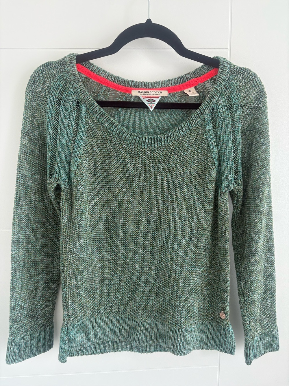 Scotch & Soda Green Scoop Neck Knit Sweater with Fun Details!